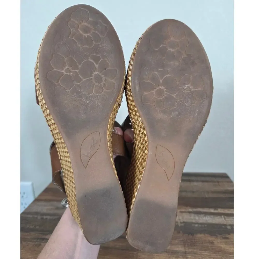 Born Concept Woman's Brown Leather Wedge Heel Tan Weave Sandal Size 9 Boho Indie